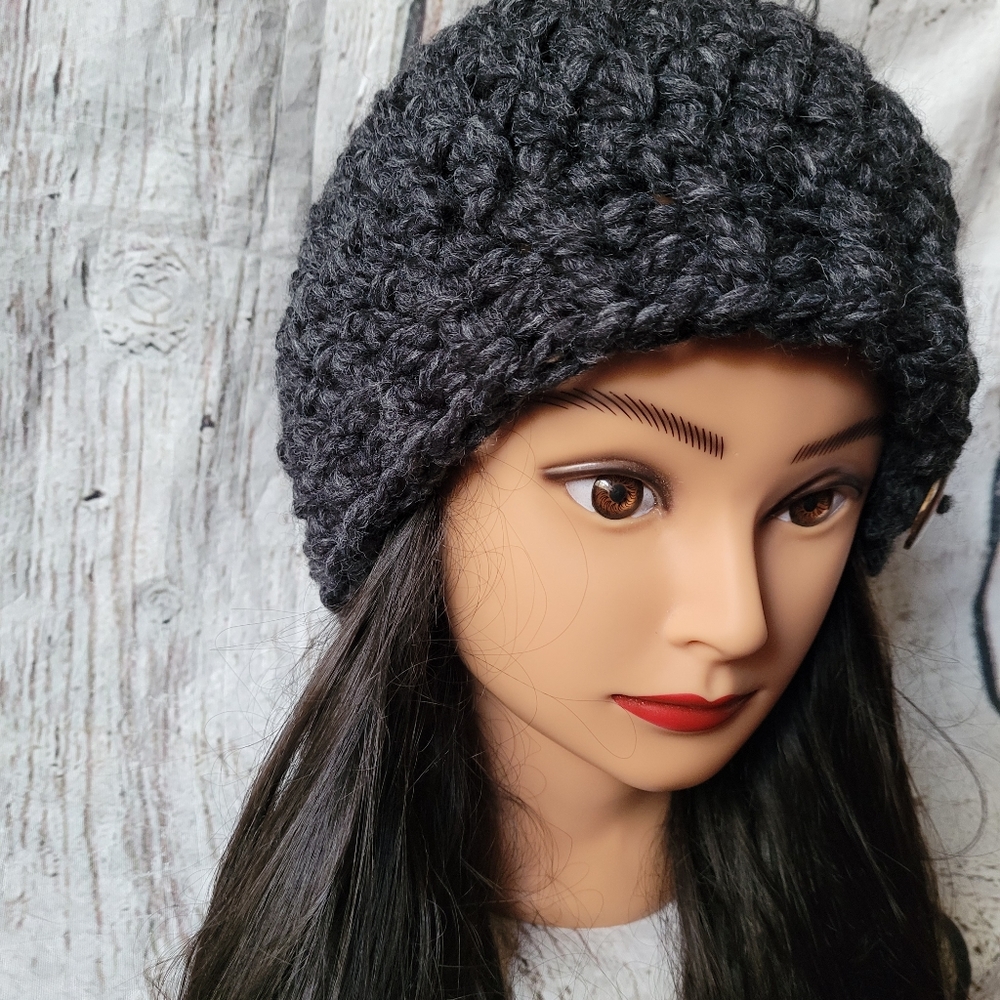 Women's Crochet Gray Wool winter hat - Picture 9 of 14
